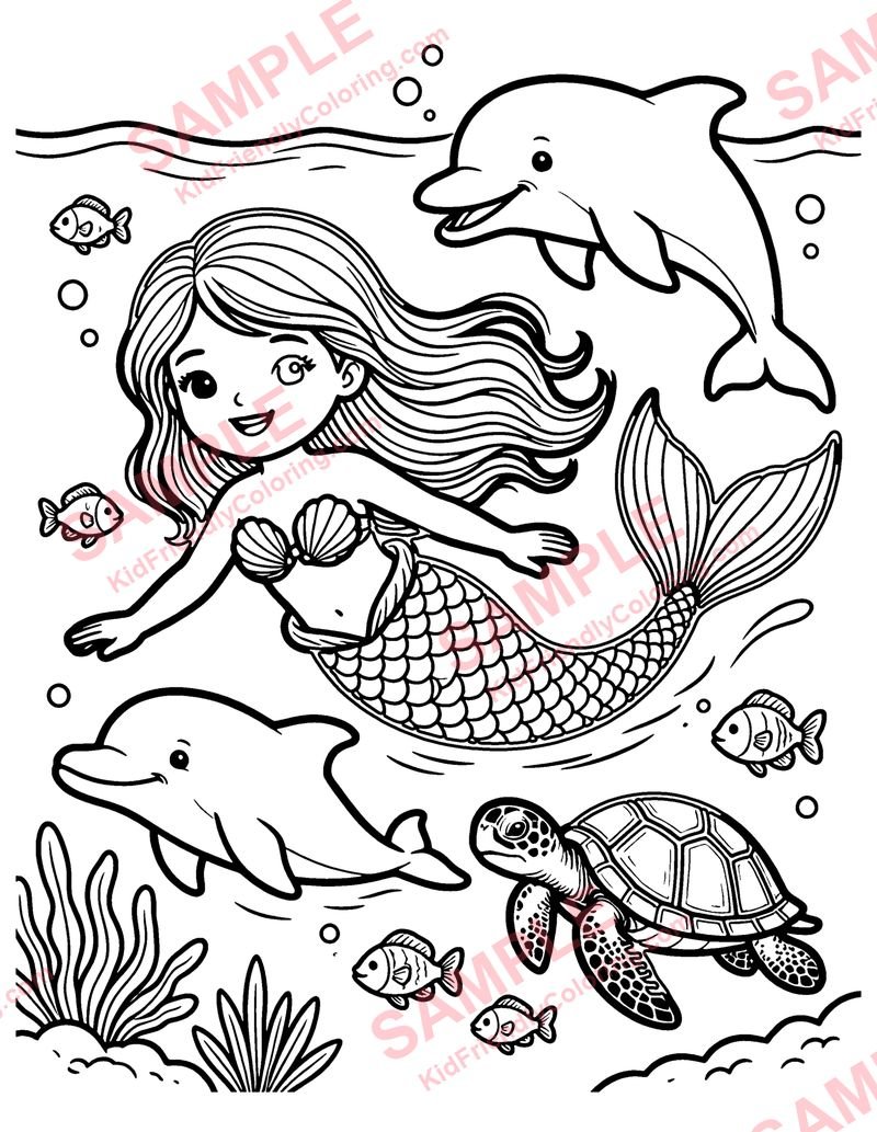 Mermaid and Friends coloring page preview
