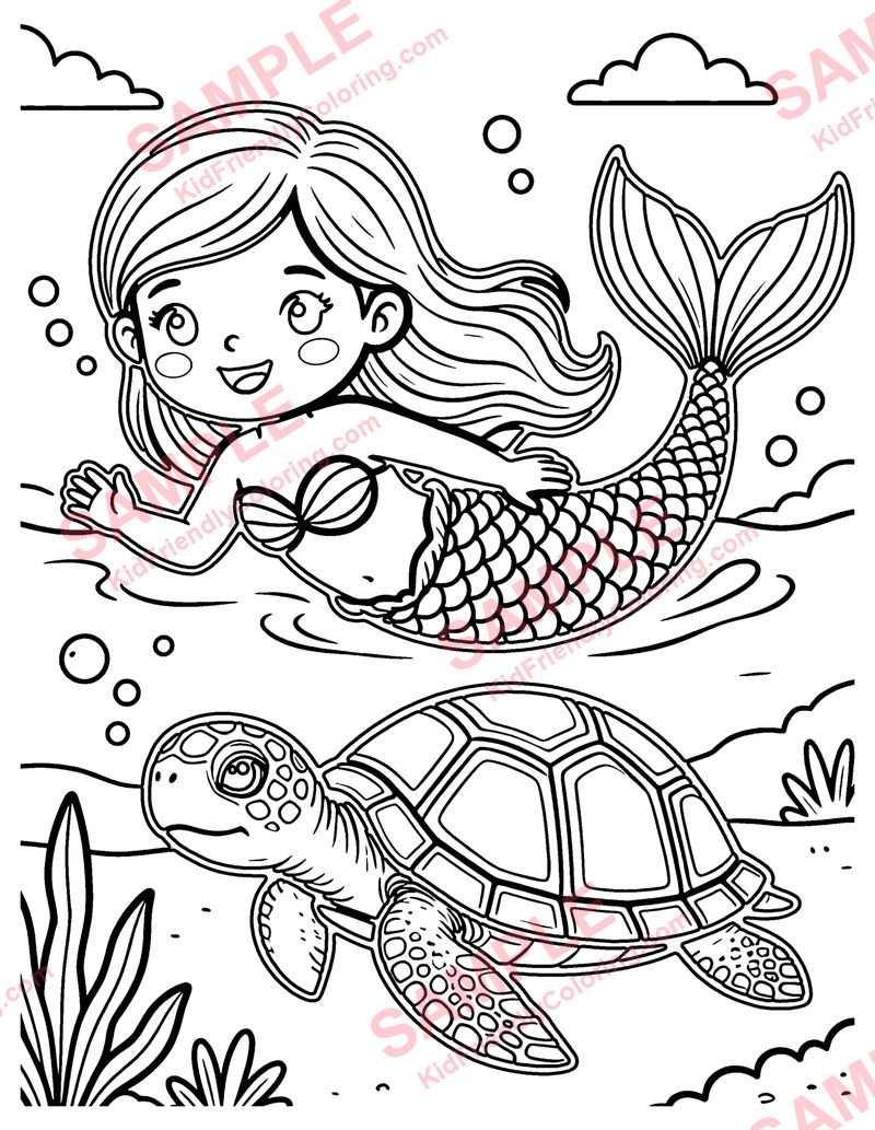 Mermaid and Turtle coloring page preview