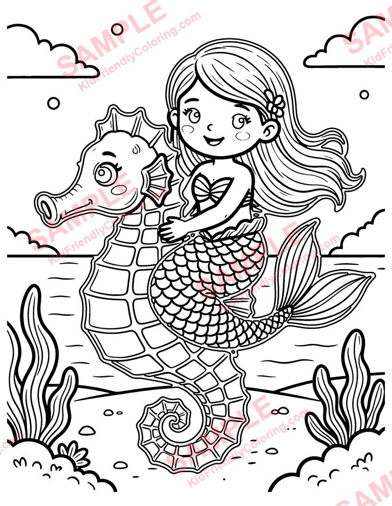 Mermaid Seahorse Ride coloring page preview
