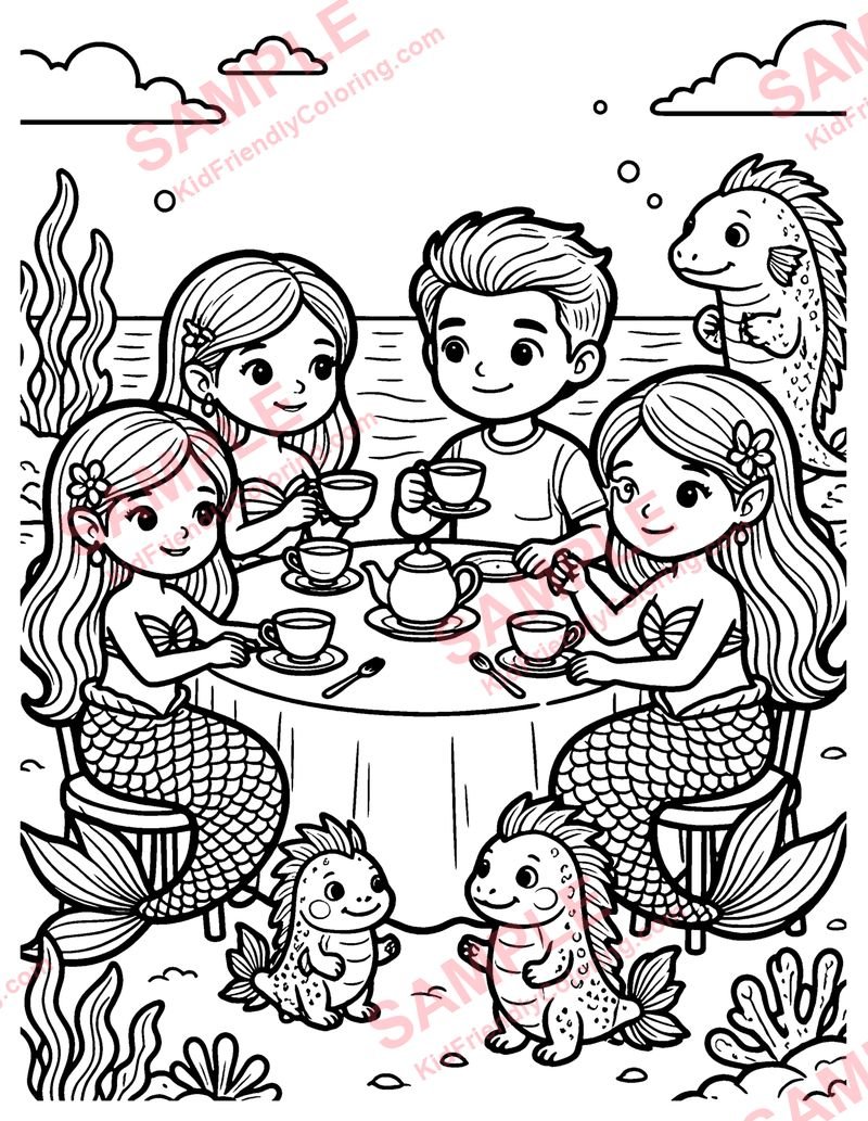 Mermaid Tea Party coloring page preview