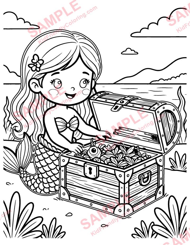 Mermaid Treasure Chest coloring page preview