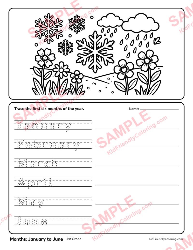 Months: January to June coloring page preview