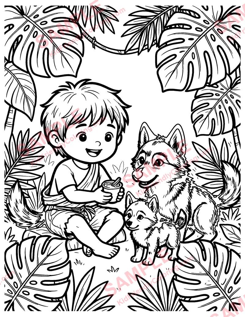 Mowgli and the Wolves coloring page preview