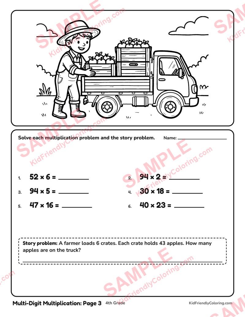 Multi-Digit Multiplication: Page 3 coloring page preview