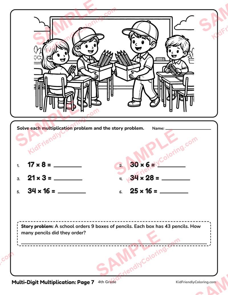 Multi-Digit Multiplication: Page 7 coloring page preview