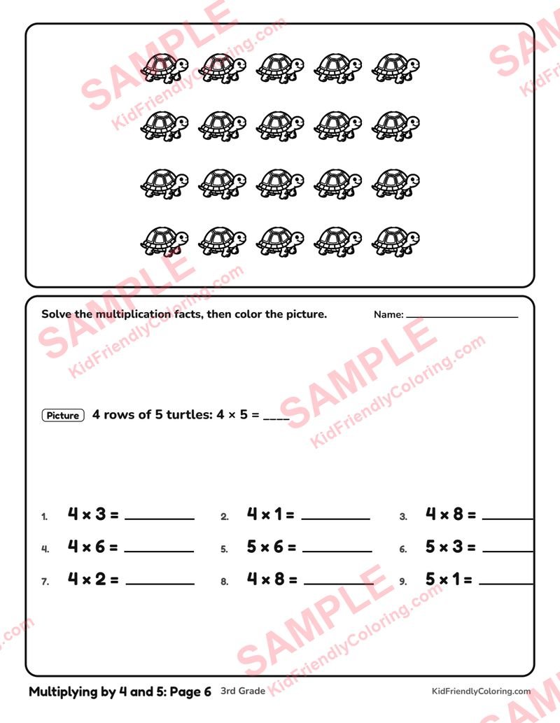 Multiplying by 4 and 5: Page 6 coloring page preview