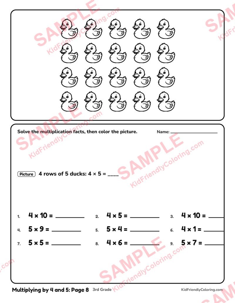 Multiplying by 4 and 5: Page 8 coloring page preview