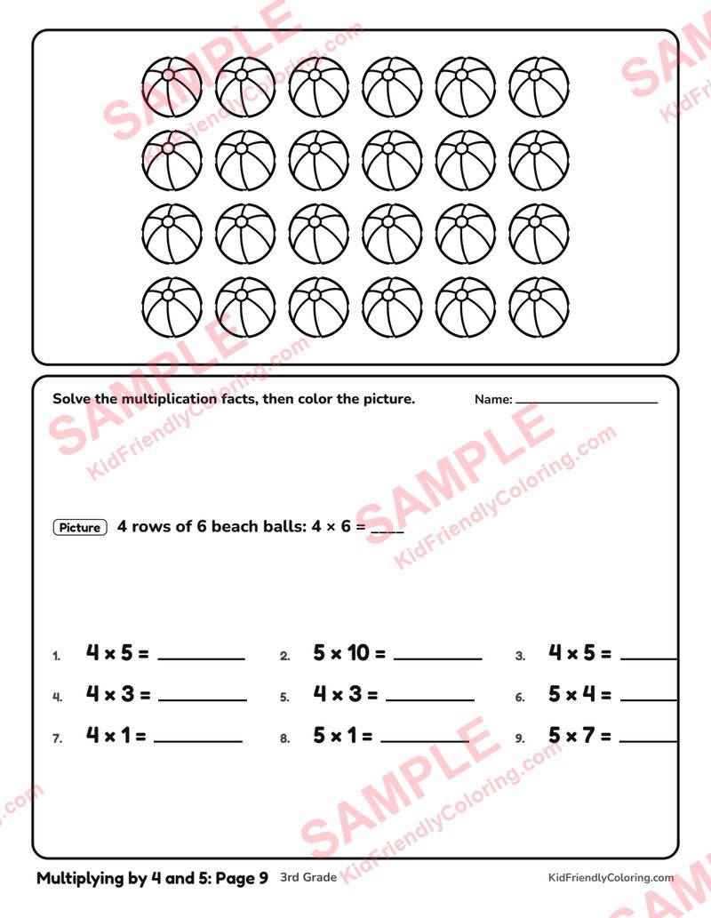 Multiplying by 4 and 5: Page 9 coloring page preview