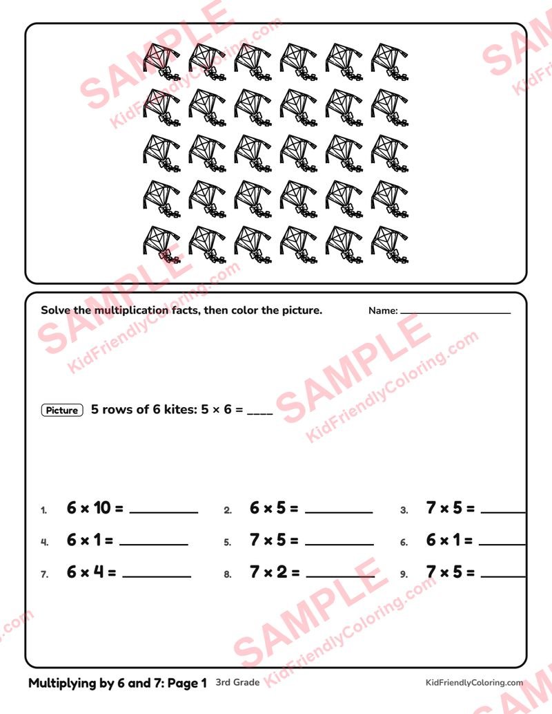 Multiplying by 6 and 7: Page 1 coloring page preview