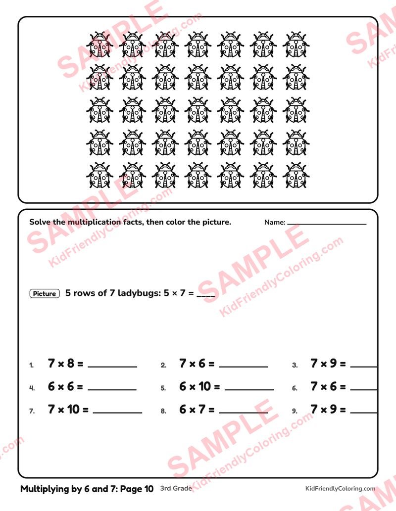 Multiplying by 6 and 7: Page 10 coloring page preview