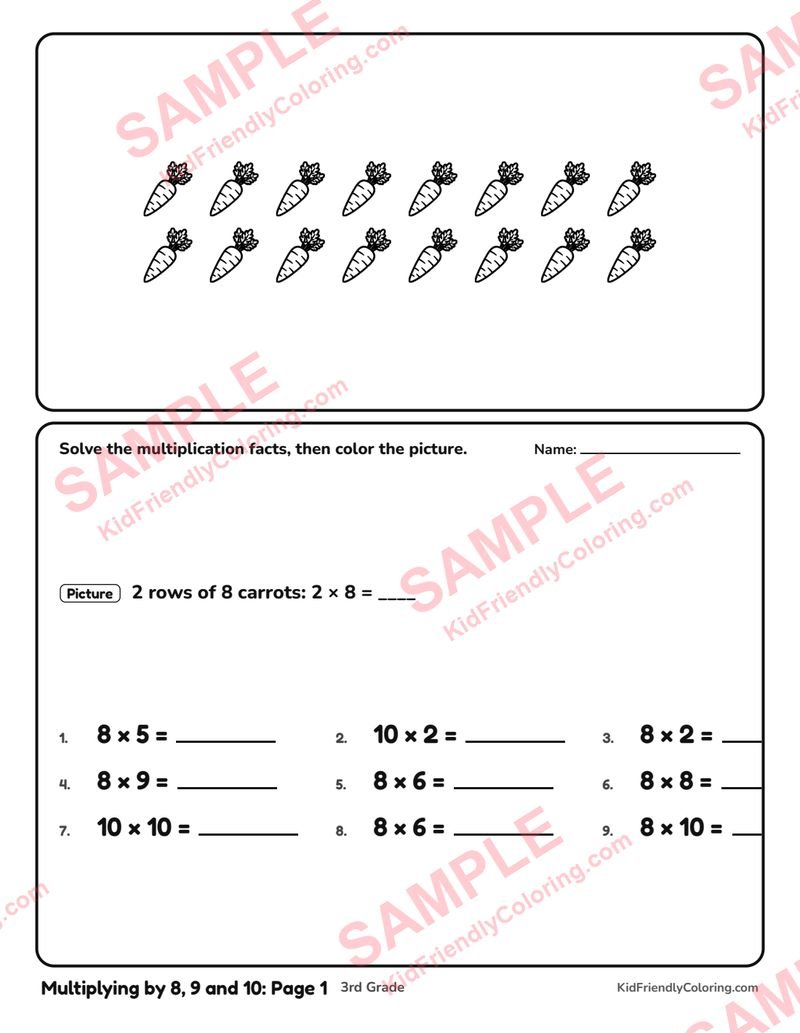 Multiplying by 8, 9 and 10: Page 1 coloring page preview
