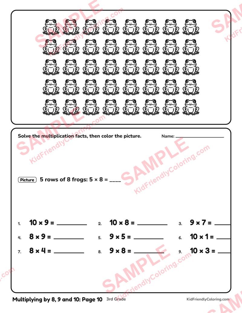 Multiplying by 8, 9 and 10: Page 10 coloring page preview