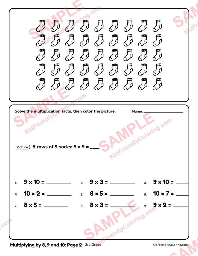 Multiplying by 8, 9 and 10: Page 2 coloring page preview