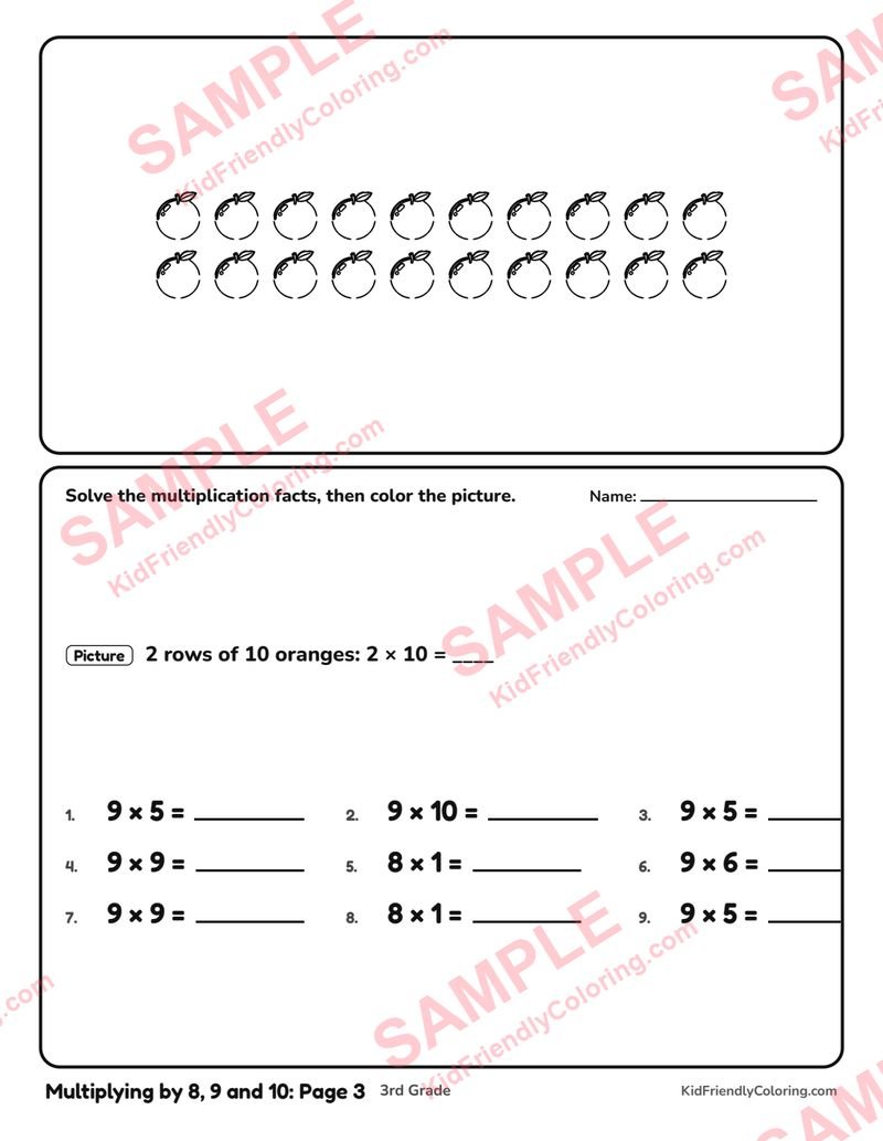 Multiplying by 8, 9 and 10: Page 3 coloring page preview