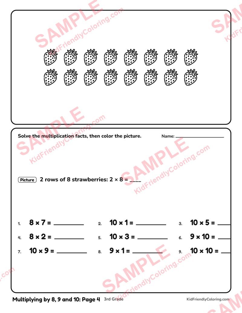 Multiplying by 8, 9 and 10: Page 4 coloring page preview