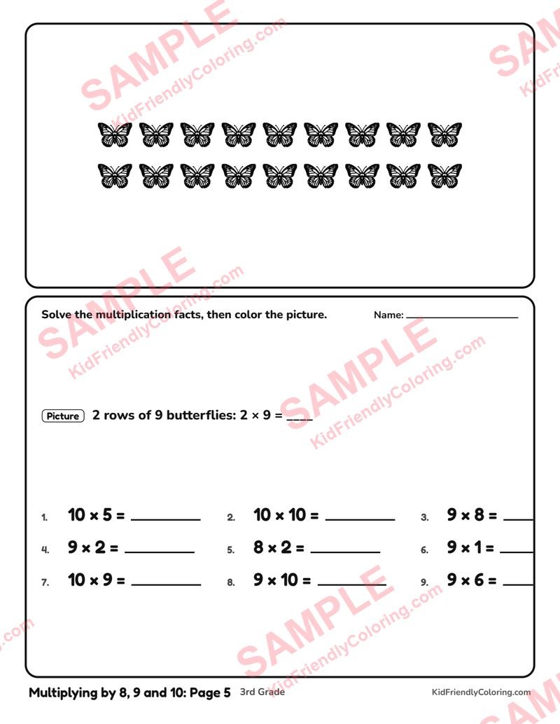 Multiplying by 8, 9 and 10: Page 5 coloring page preview