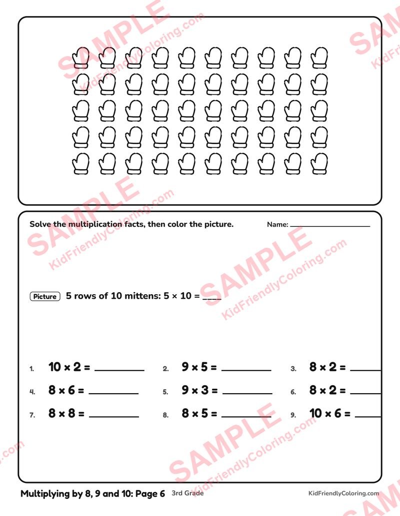 Multiplying by 8, 9 and 10: Page 6 coloring page preview
