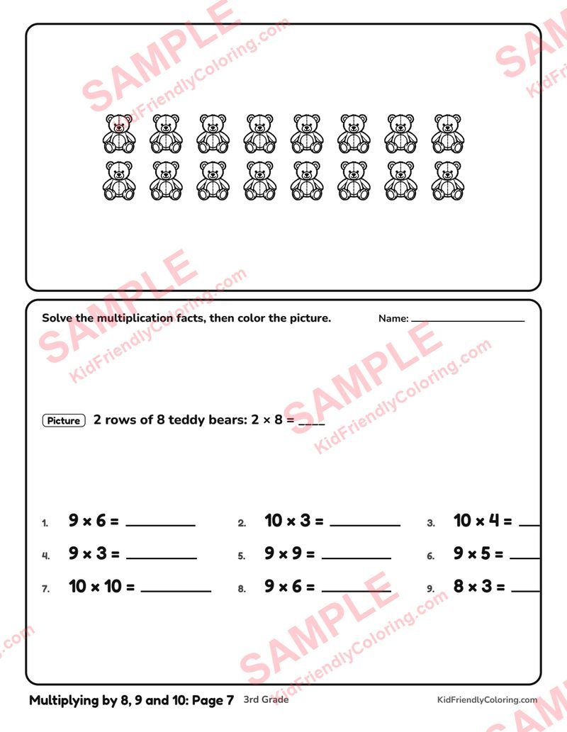 Multiplying by 8, 9 and 10: Page 7 coloring page preview