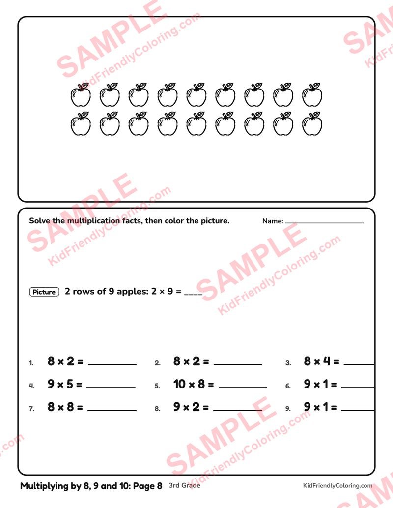 Multiplying by 8, 9 and 10: Page 8 coloring page preview