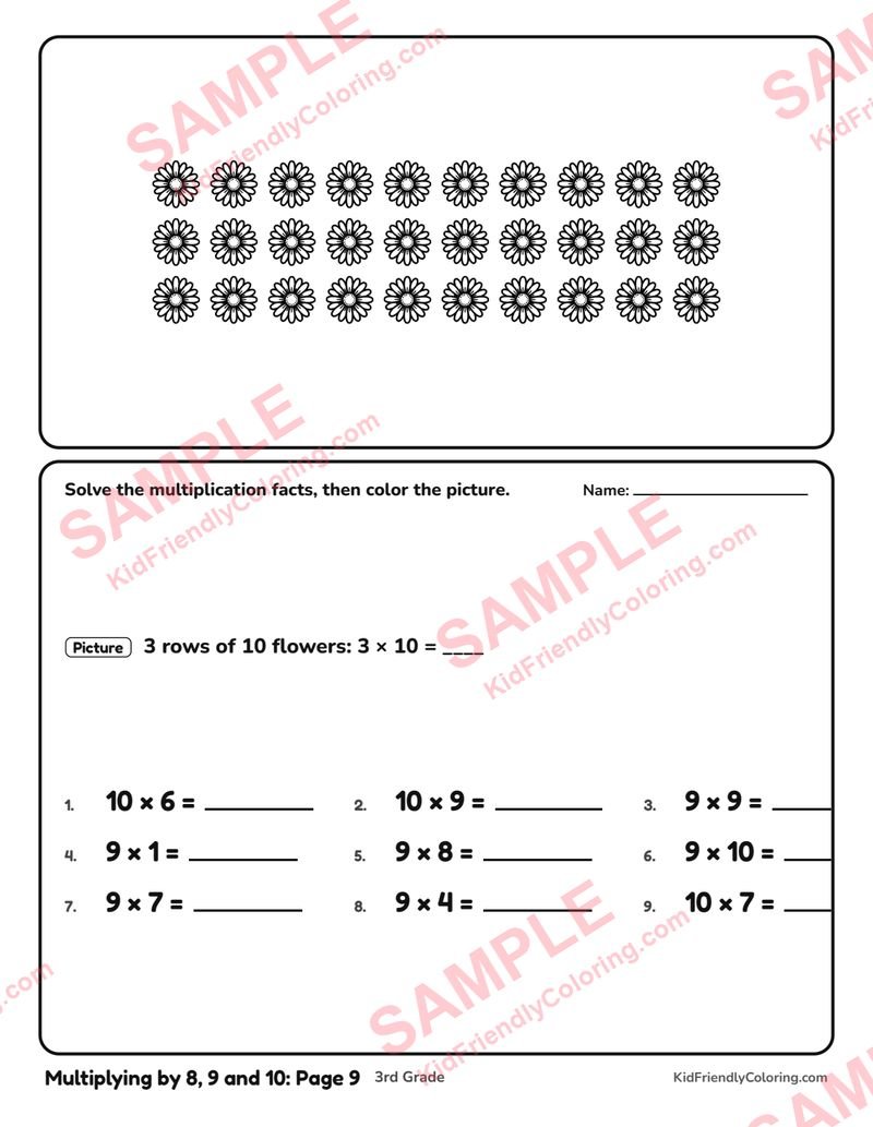 Multiplying by 8, 9 and 10: Page 9 coloring page preview