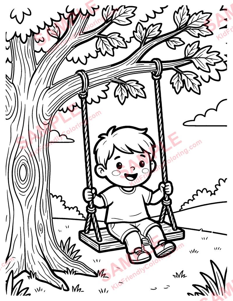 Oak Tree with Swing coloring page preview