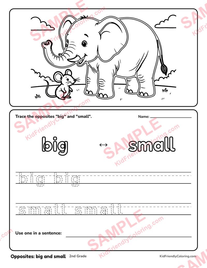 Opposites: big and small coloring page preview