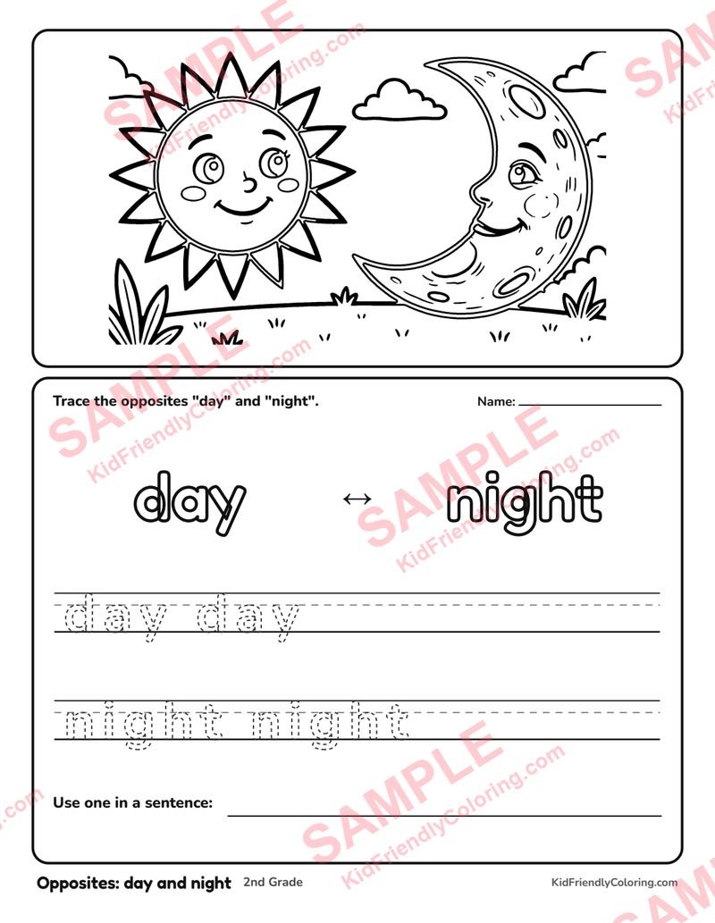 Opposites: day and night coloring page preview