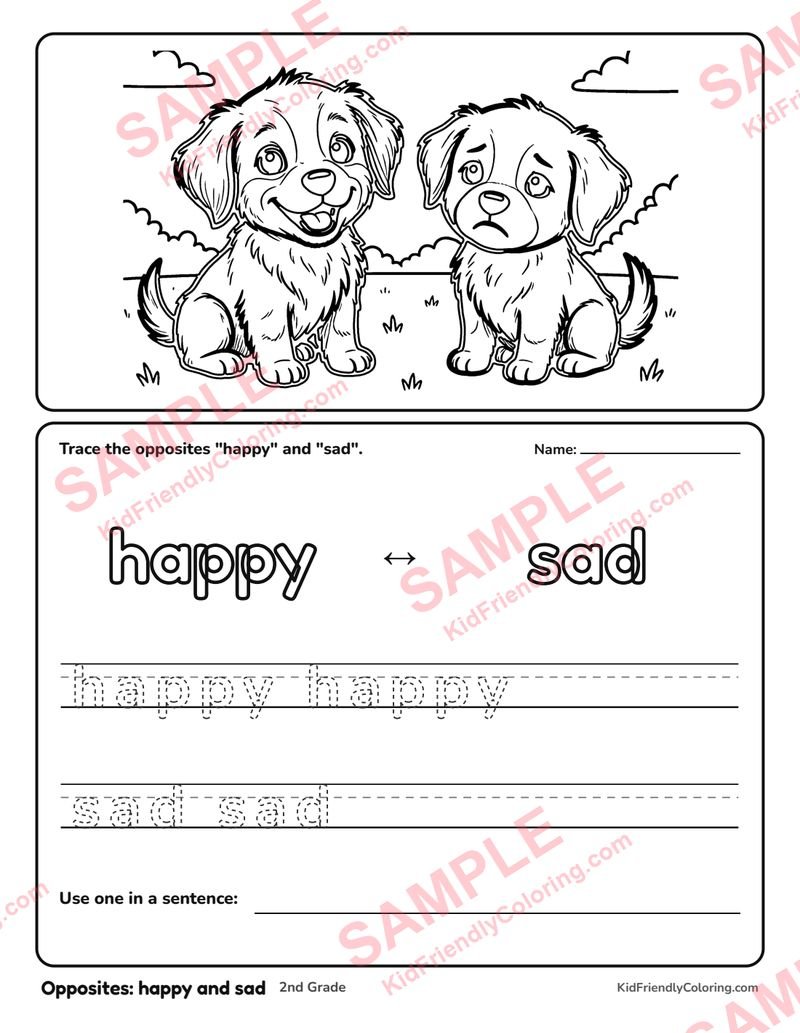 Opposites: happy and sad coloring page preview