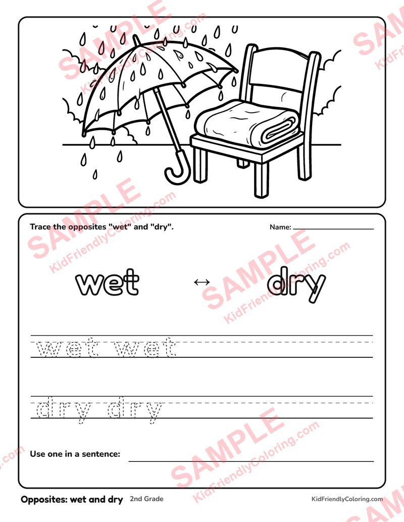 Opposites: wet and dry coloring page preview