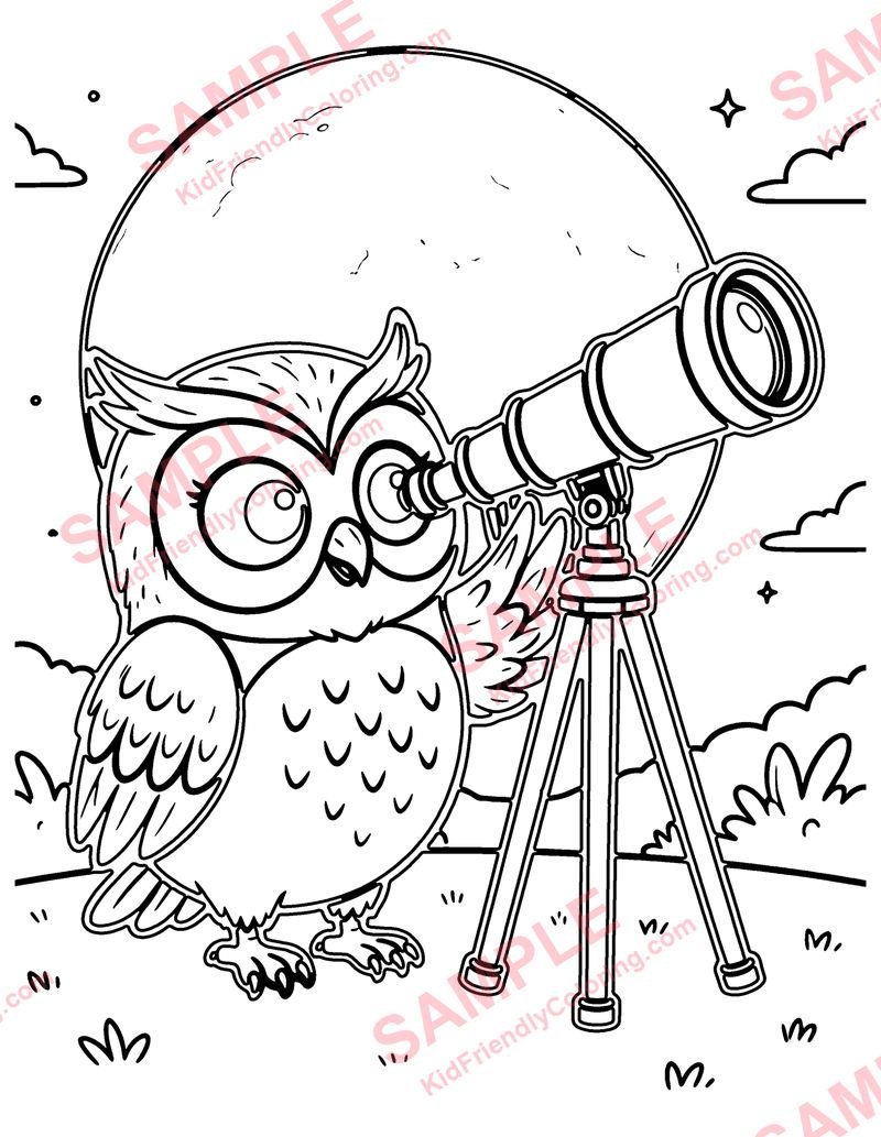 Owl and the Telescope coloring page preview