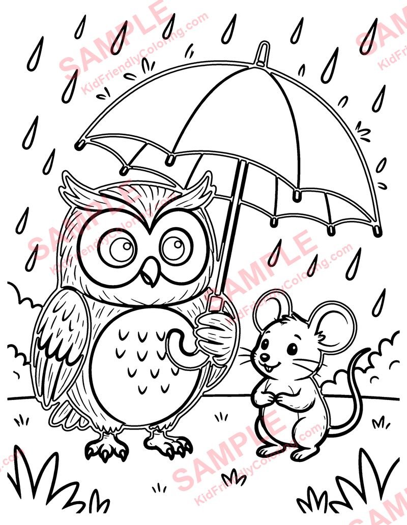 Owl Shares an Umbrella coloring page preview