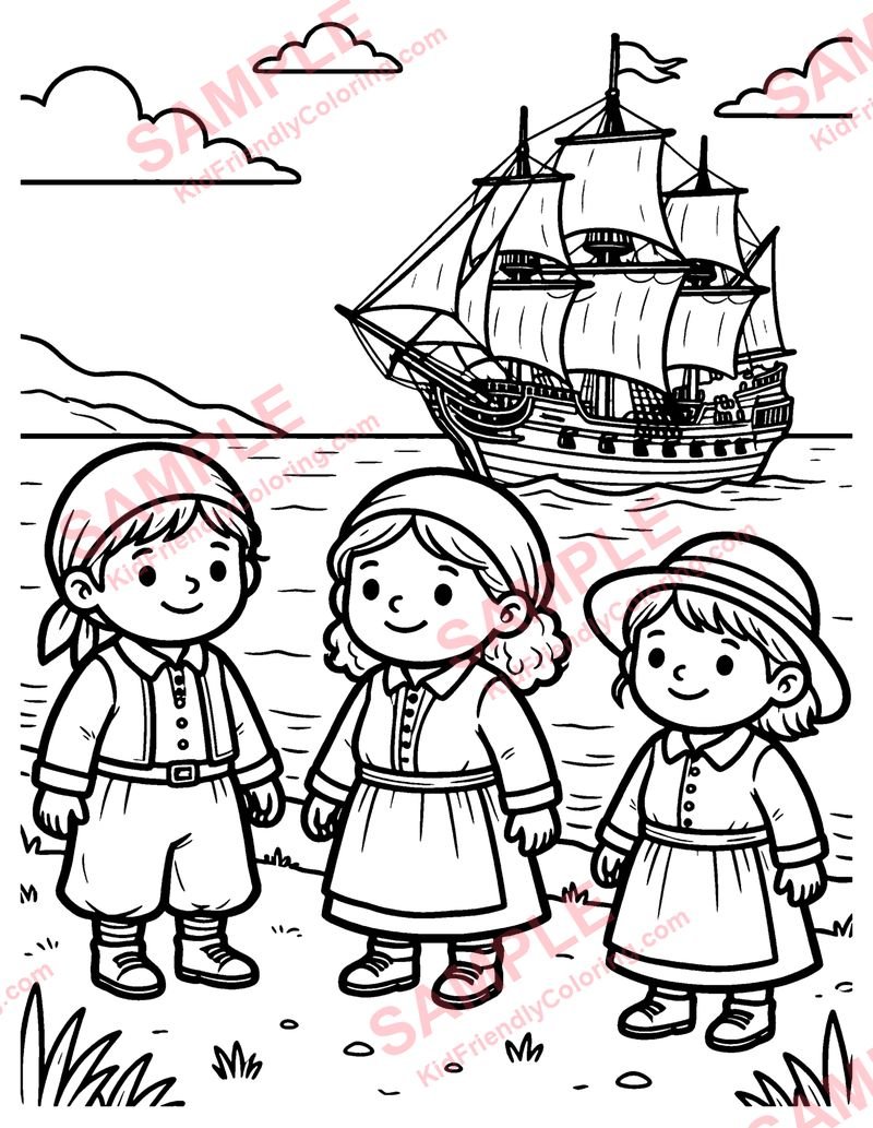 Pilgrims and the Mayflower coloring page preview
