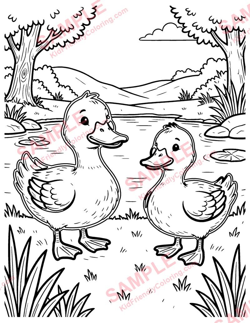 Pond with Ducks coloring page preview