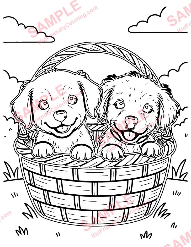 Puppies in a Basket coloring page preview