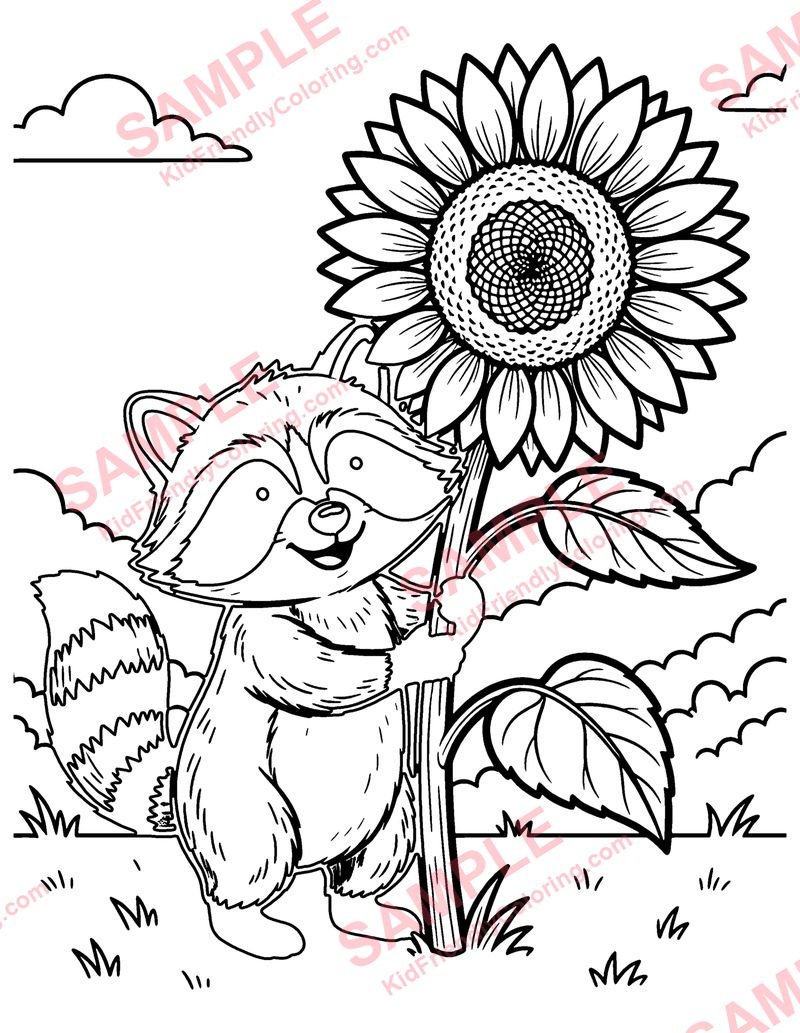 Raccoon and the Sunflower coloring page preview