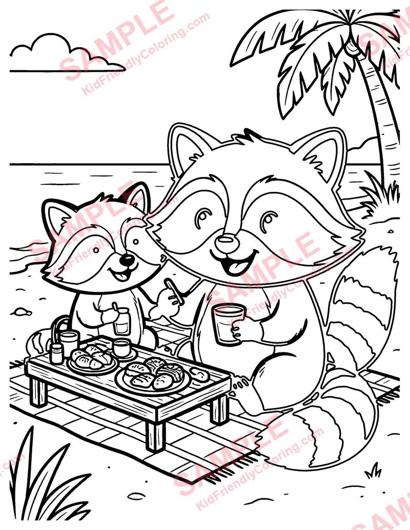 Raccoon Beach Picnic coloring page preview