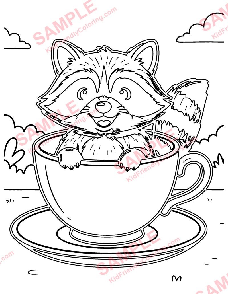 Raccoon in a Teacup coloring page preview