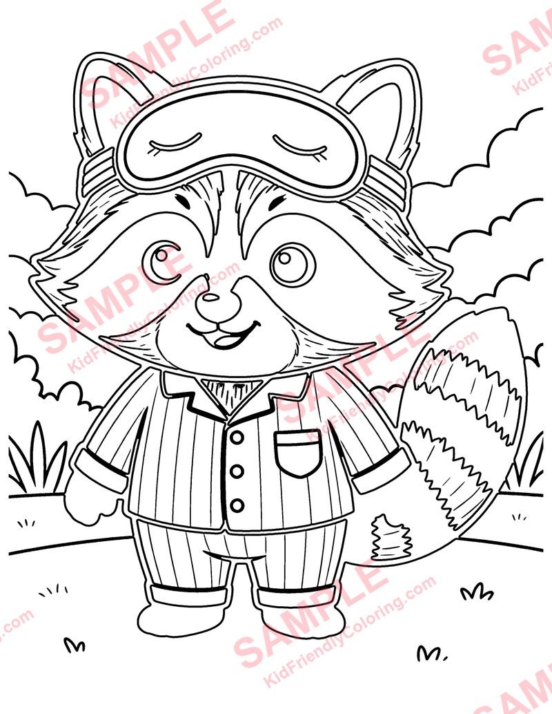 Raccoon in Pajamas coloring page preview