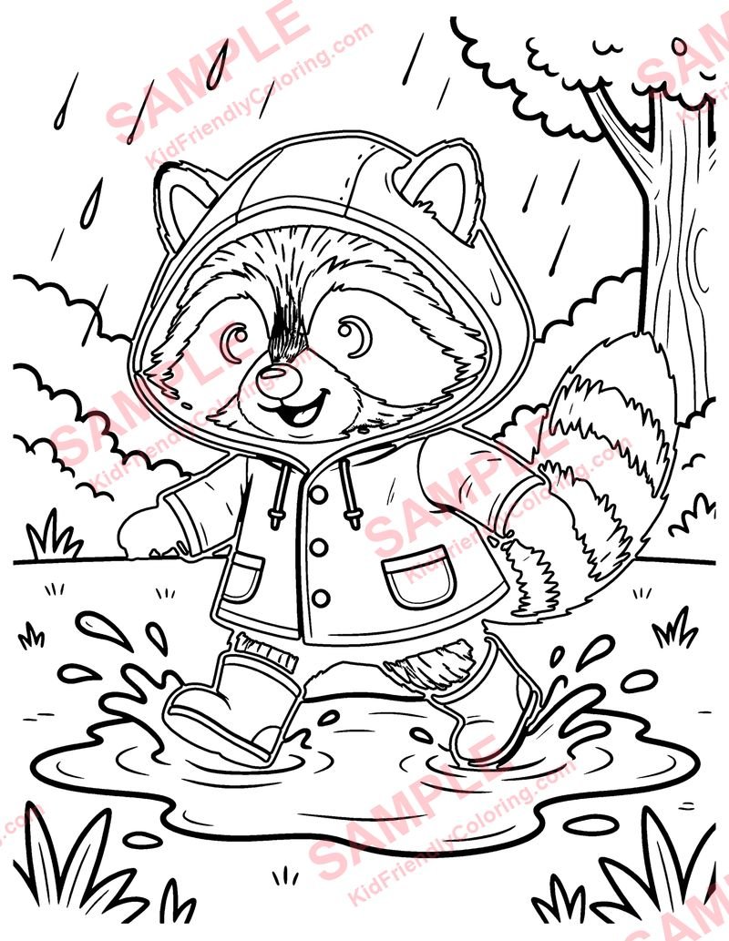 Raccoon in Rain Boots coloring page preview
