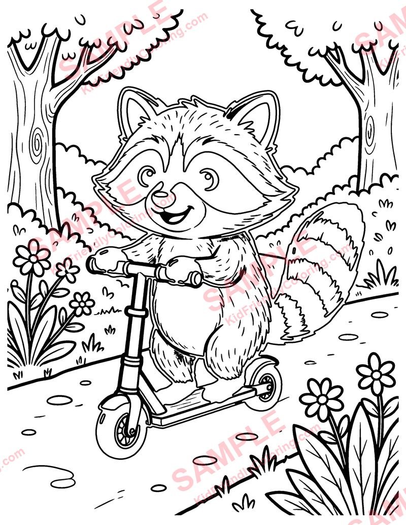 Raccoon on a Scooter coloring page preview