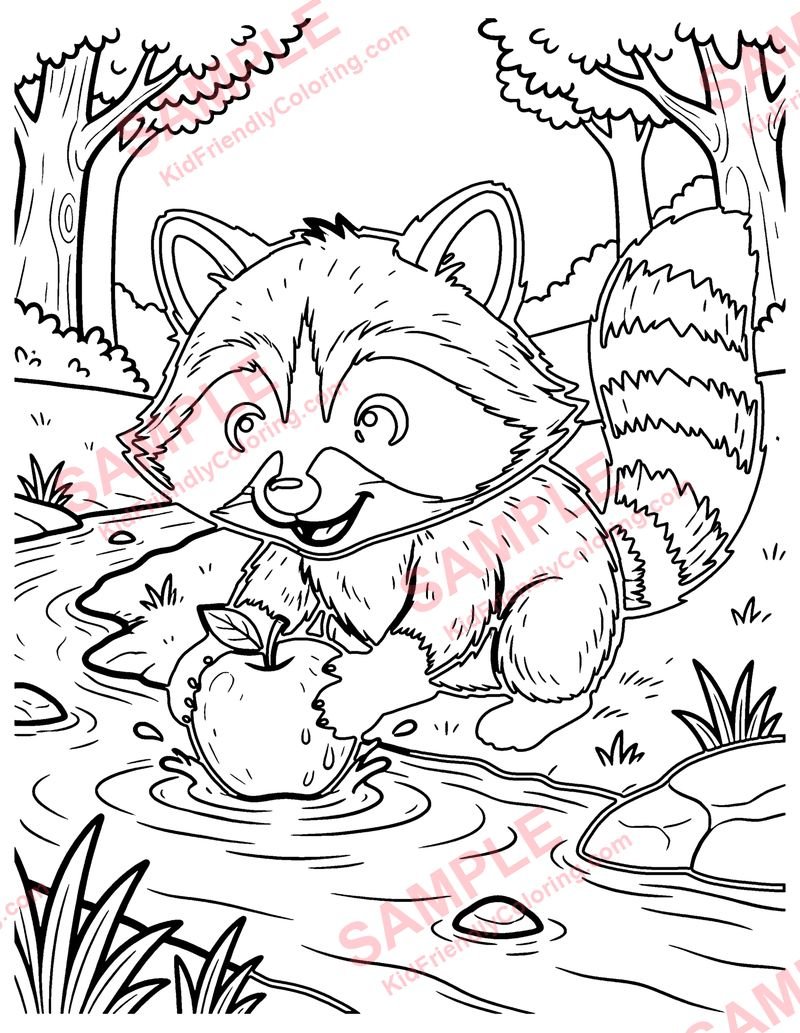 Raccoon Washing an Apple coloring page preview