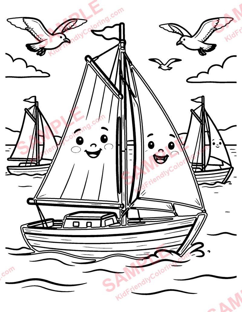 Sailboats and Seagulls coloring page preview
