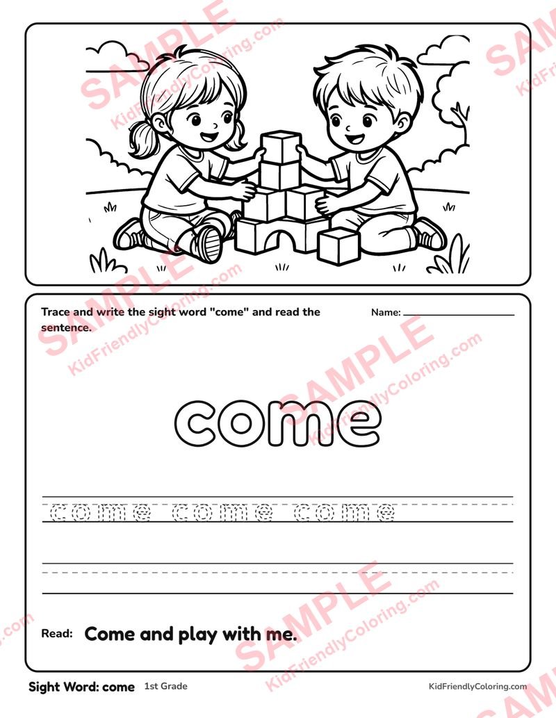 Sight Word: come coloring page preview