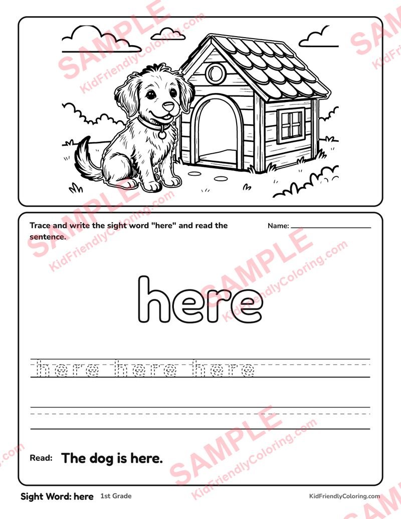 Sight Word: here coloring page preview