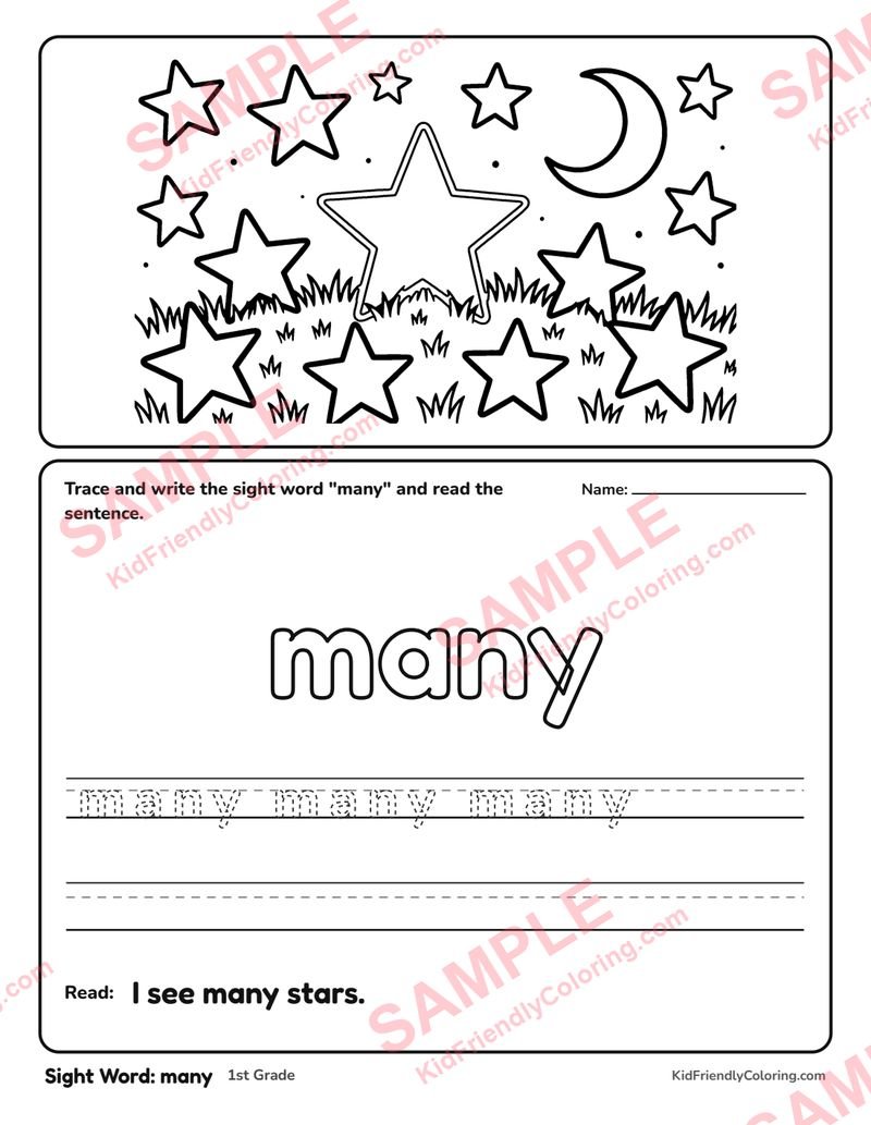 Sight Word: many coloring page preview