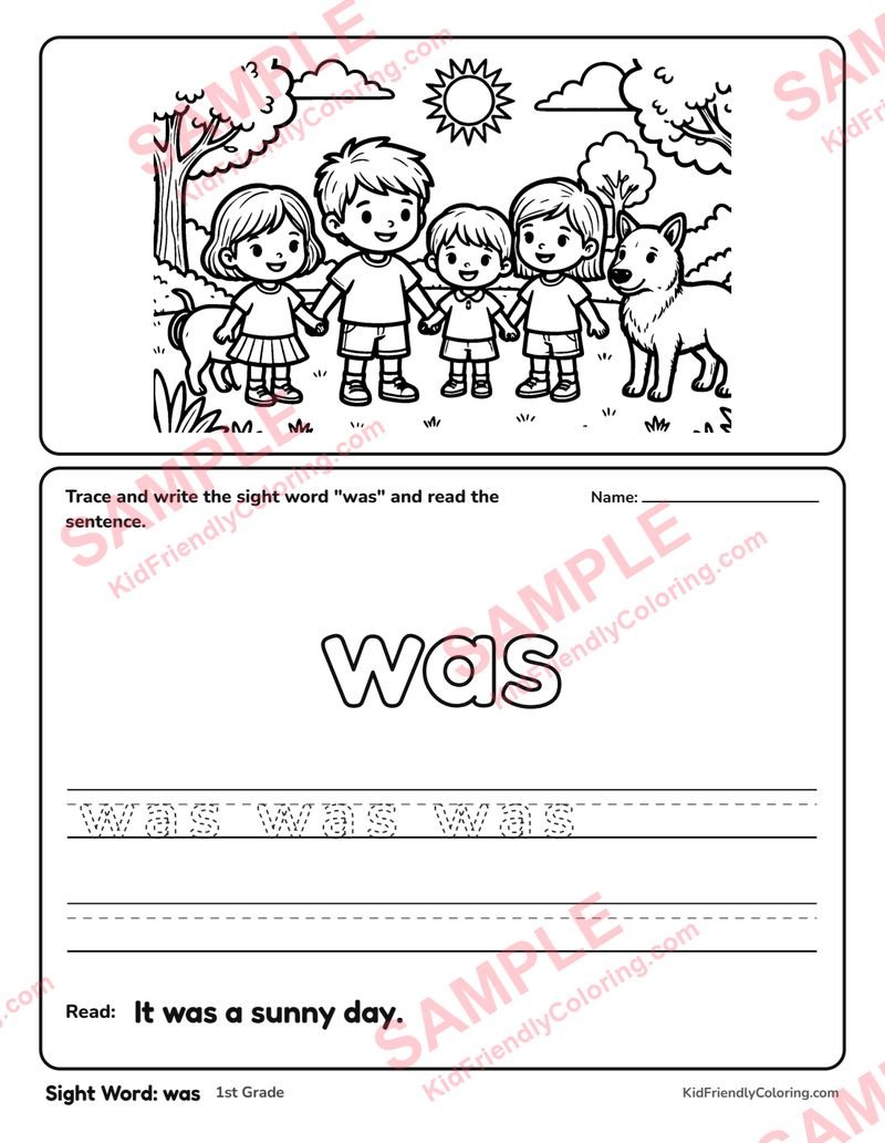 Sight Word: was coloring page preview
