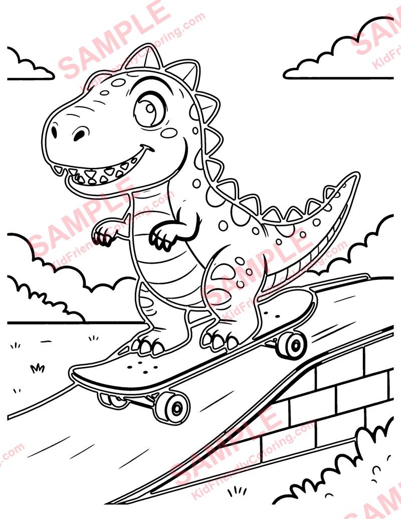 Skateboarding Dino coloring page preview