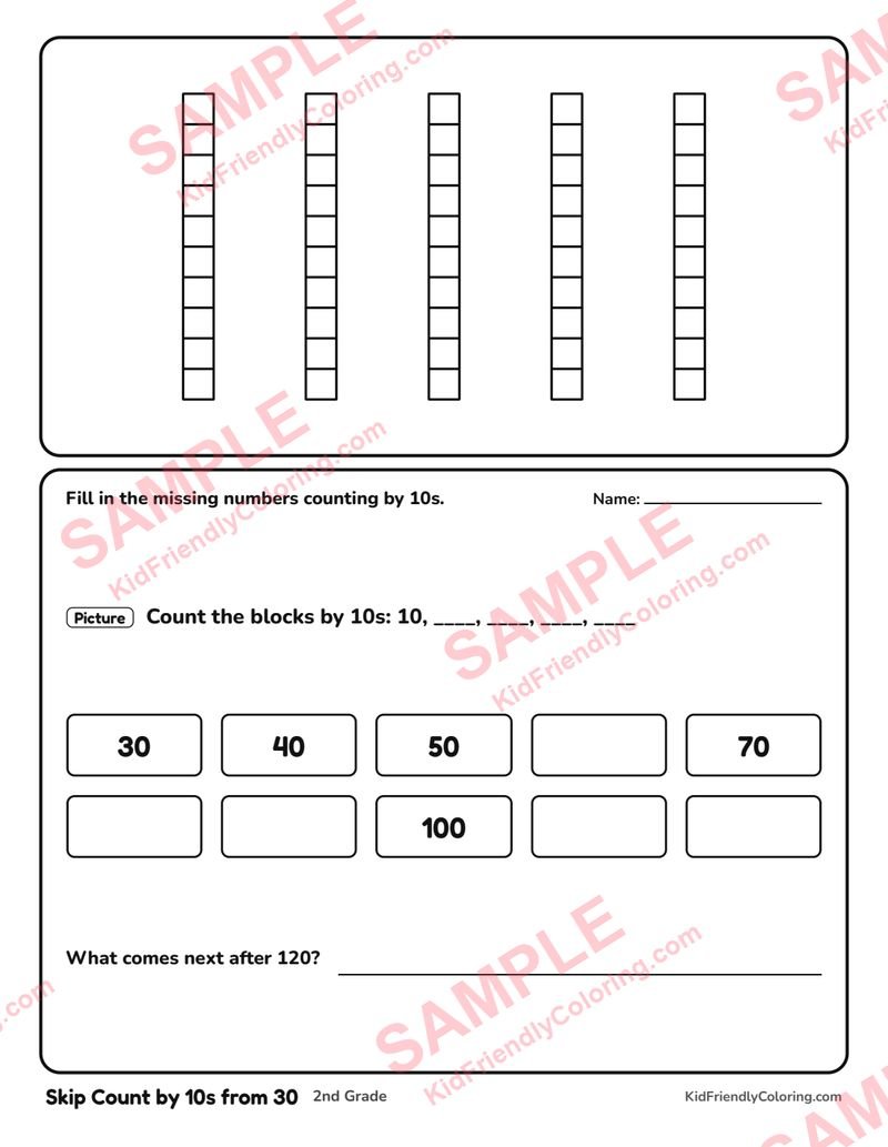 Skip Count by 10s from 30 coloring page preview