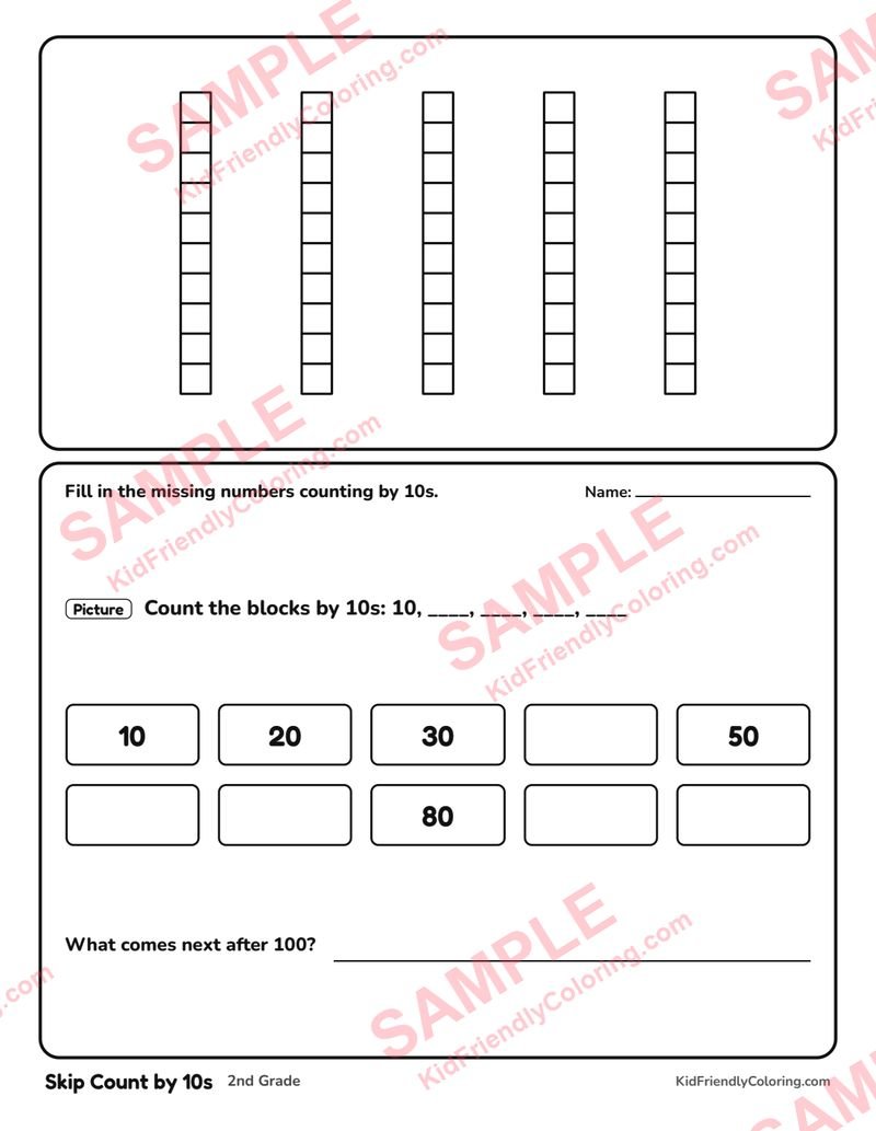 Skip Count by 10s coloring page preview