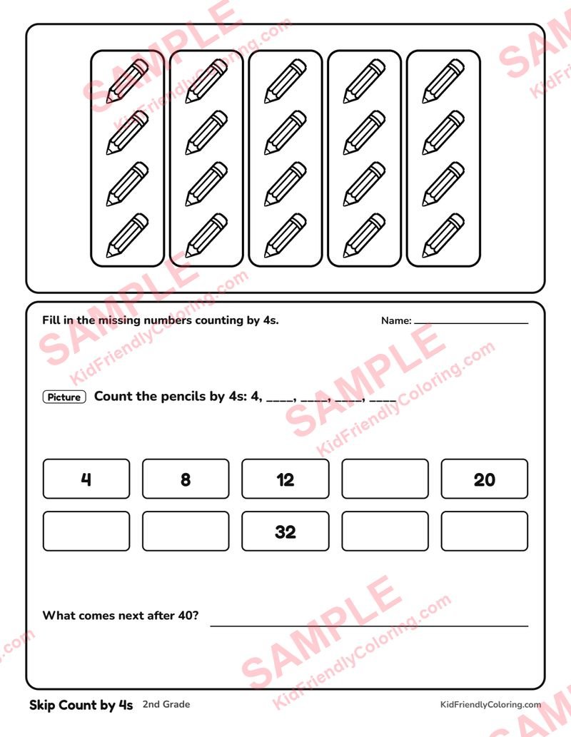 Skip Count by 4s coloring page preview